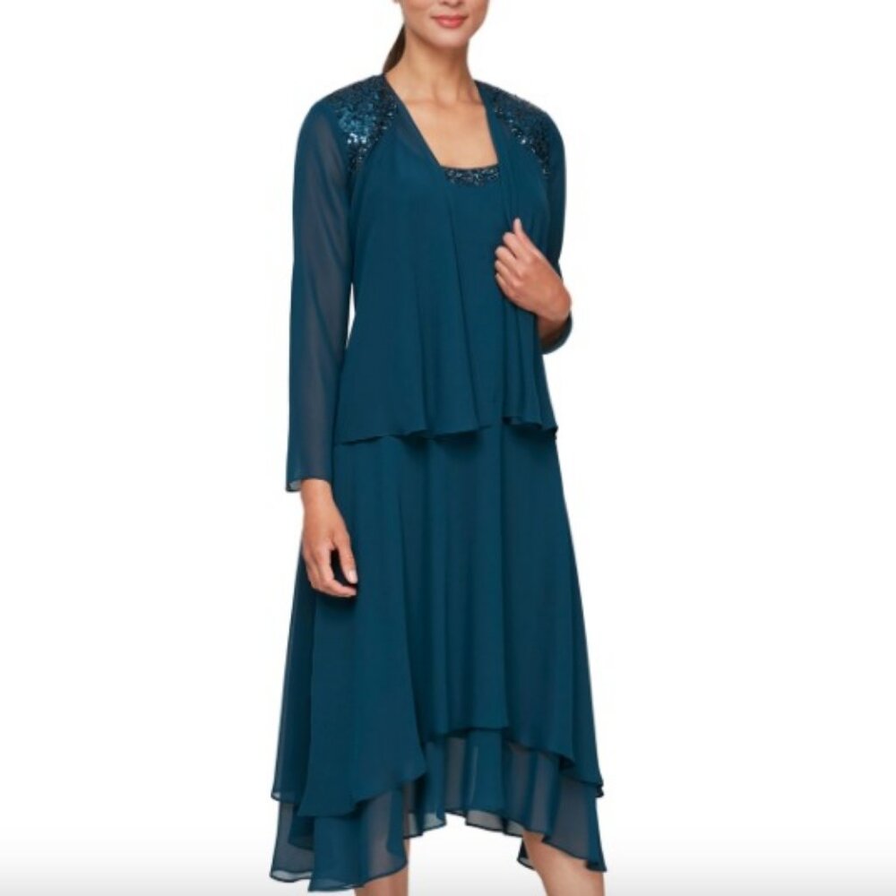 SL Fashions Teal Layered Chiffon Dress with Sequin-Embellished Shoulders